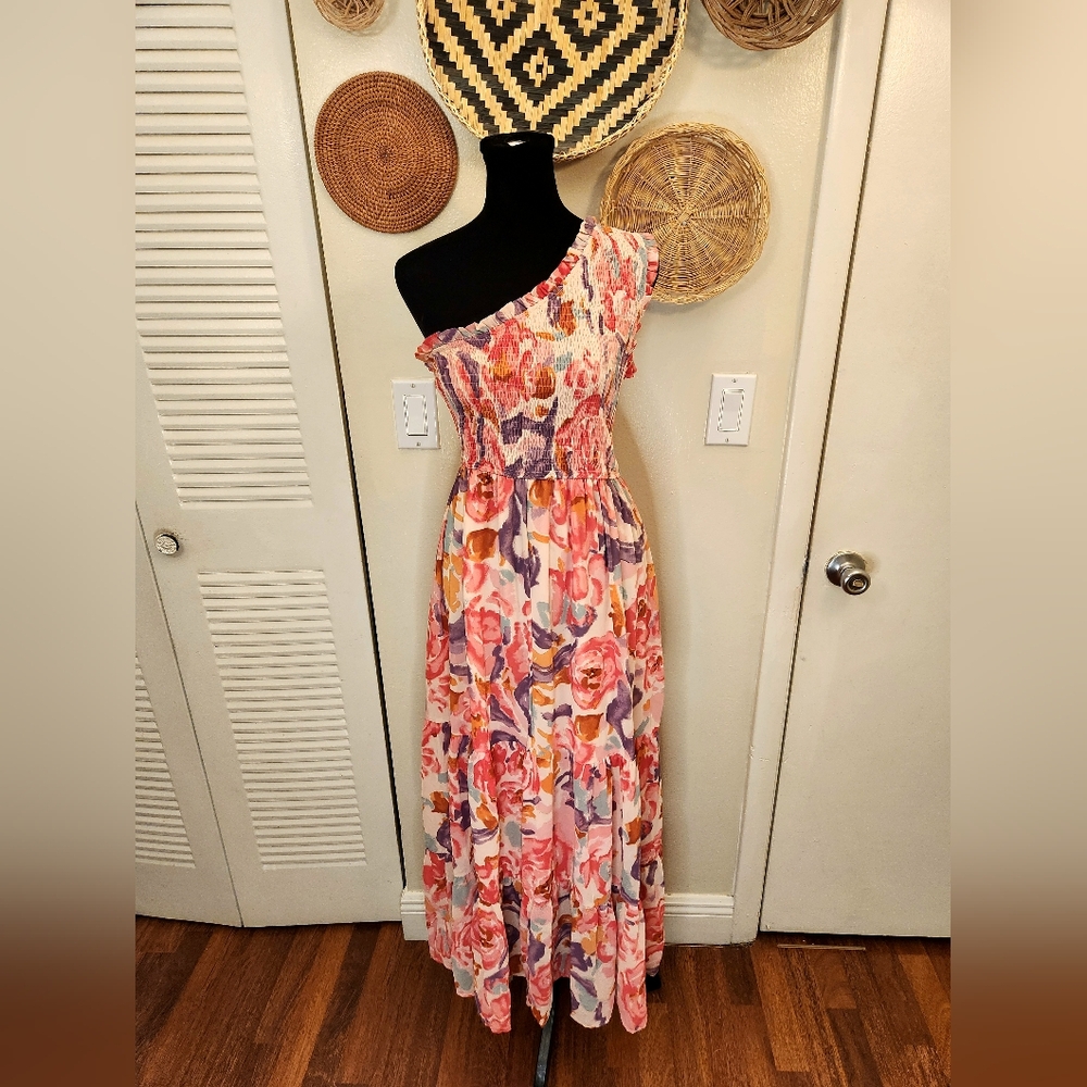 Pink And Purple Floral One-Shoulder Maxi Dress